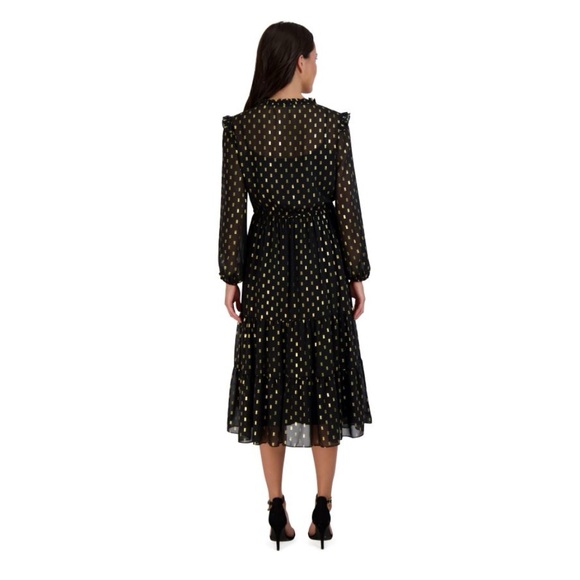 Julia Jordan Long Sleeve Ruffle Drawstring Midi Dress in Black & Gold Size 14 - Picture 2 of 11